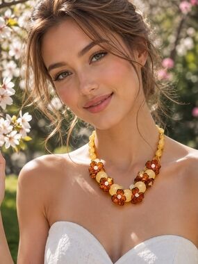 Bold Yellow and Amber Floral Bead Necklace - Women Jewelry